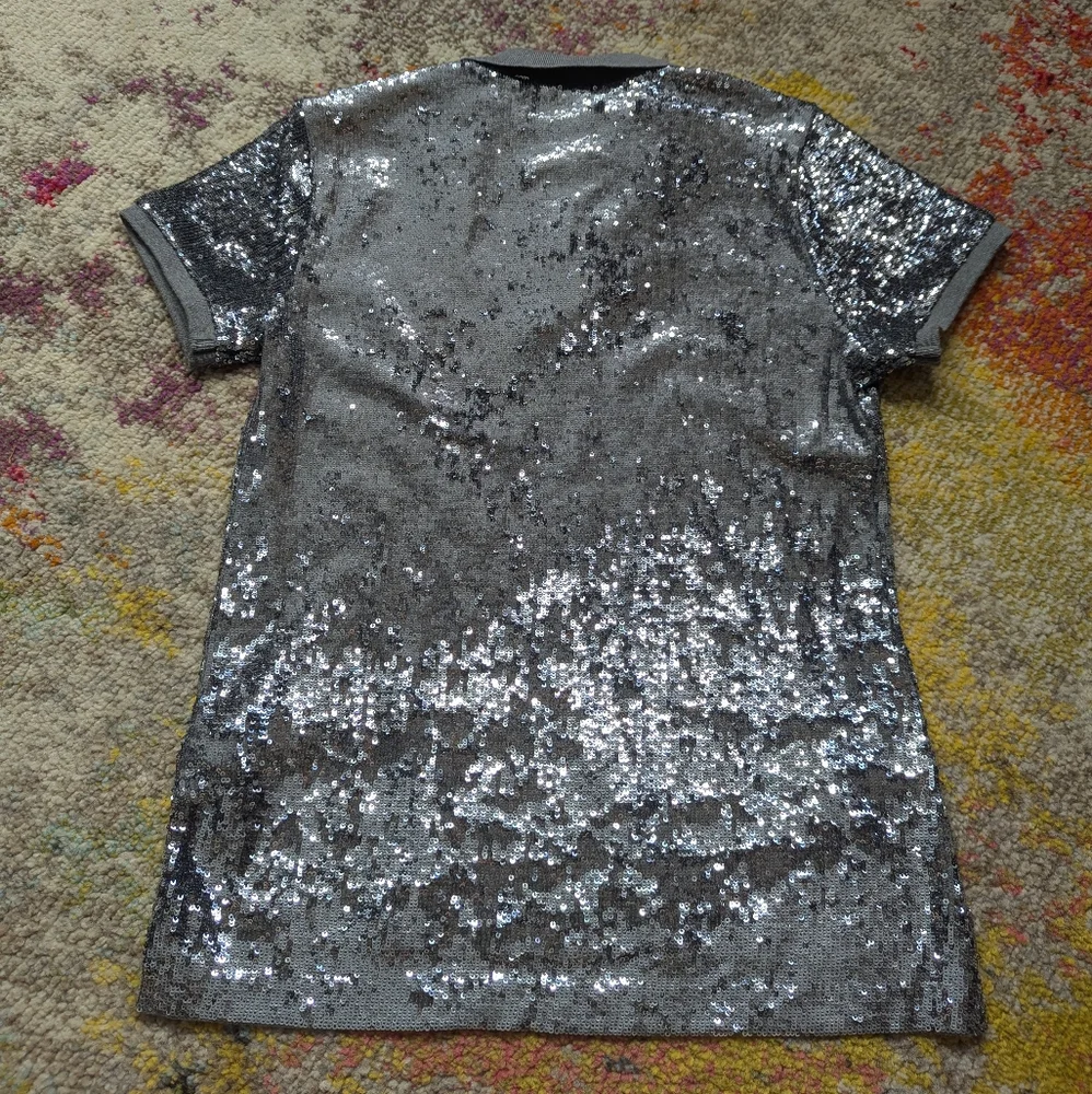 NEW Polo Ralph Lauren Silver Sequin Polo Shirt Size Small - Picture 3 of 6